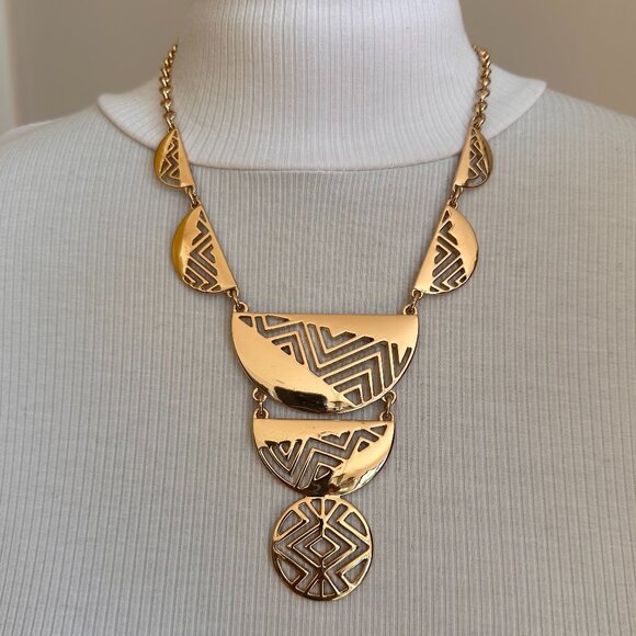 Abstract design Gold necklace & bracelet Set & 2 pairs earrings statement 80 90 - Picture 4 of 16